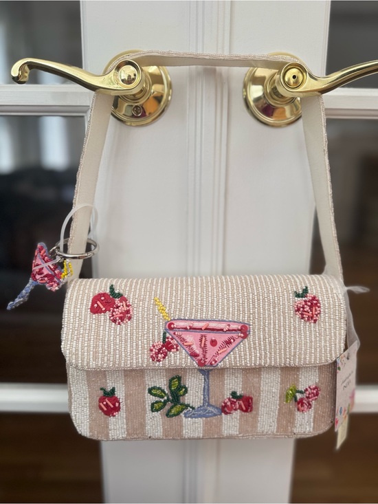 Handcrafted in India Handbags - NWT Viral TikTok Beaded Cream Shoulder Bag with Pink Cocktail Motif